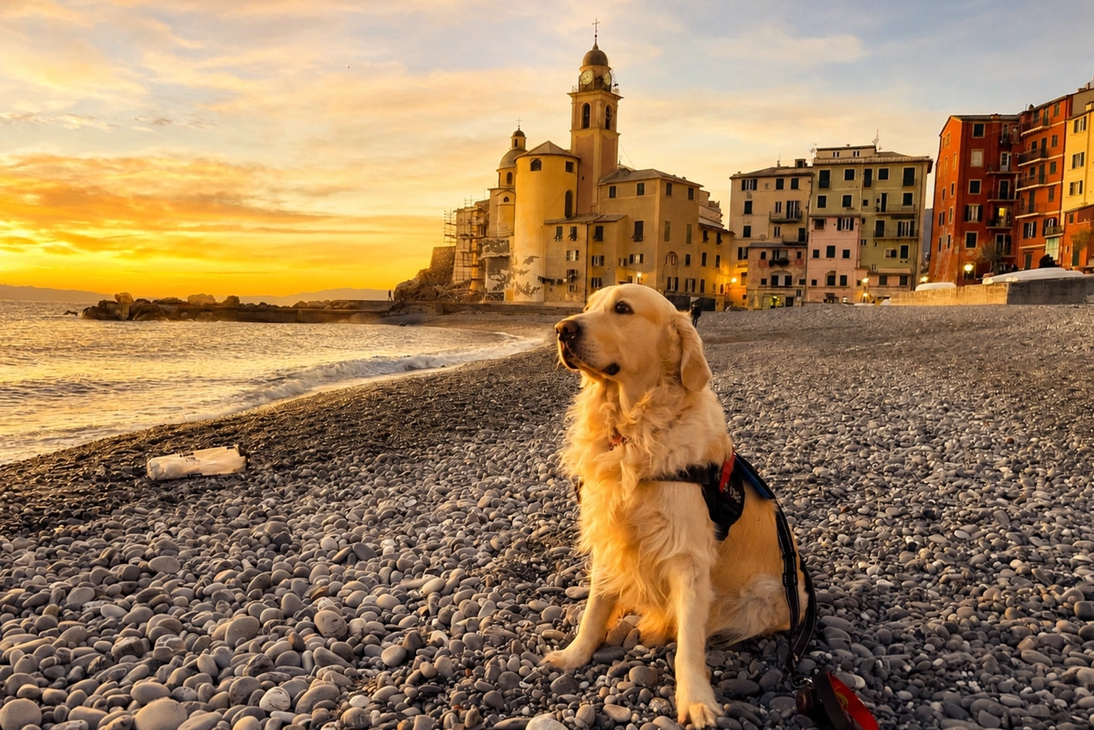 Golden Retriever am Strand von Camogli bei Sonnenuntergang