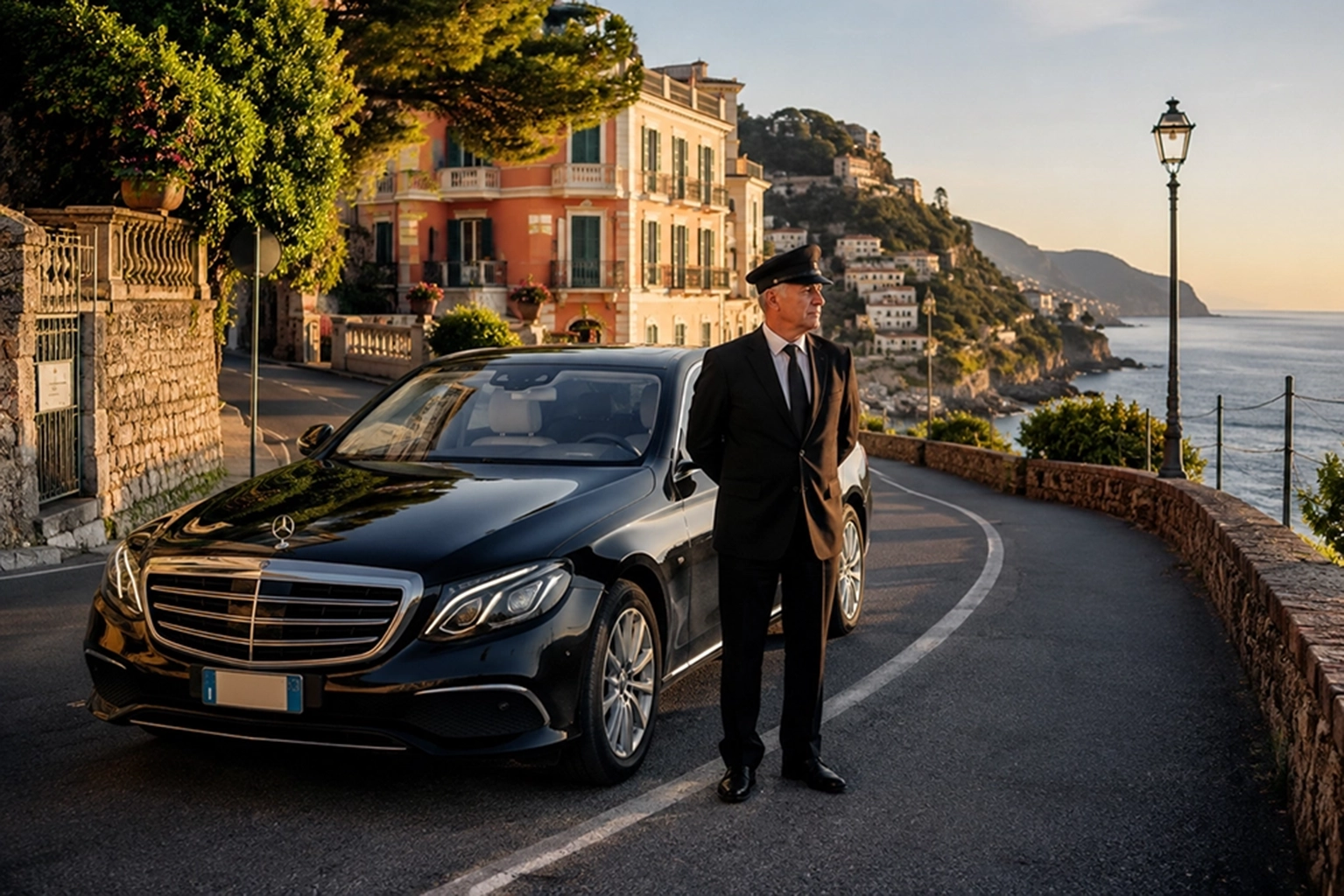 Chauffeur mit Luxusauto für die Hoteltransfers an der Küstenstraße